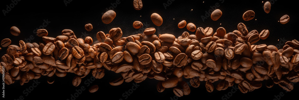 Flying coffee beans background. Close-up brown coffee beans banner. Closeup coffee grains background - obrazy, fototapety, plakaty 