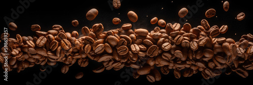 Flying coffee beans background. Close-up brown coffee beans banner. Closeup coffee grains background