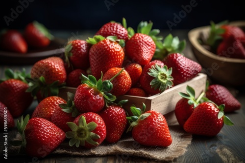 freshly picked fresh strawberries on a table, warm atmosphere light, AI generated