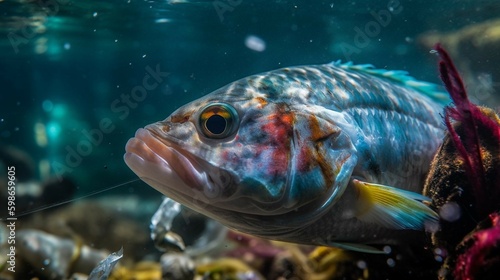 Ein tropischer Fisch im offenen Meer umgeben von Plastikmüll.