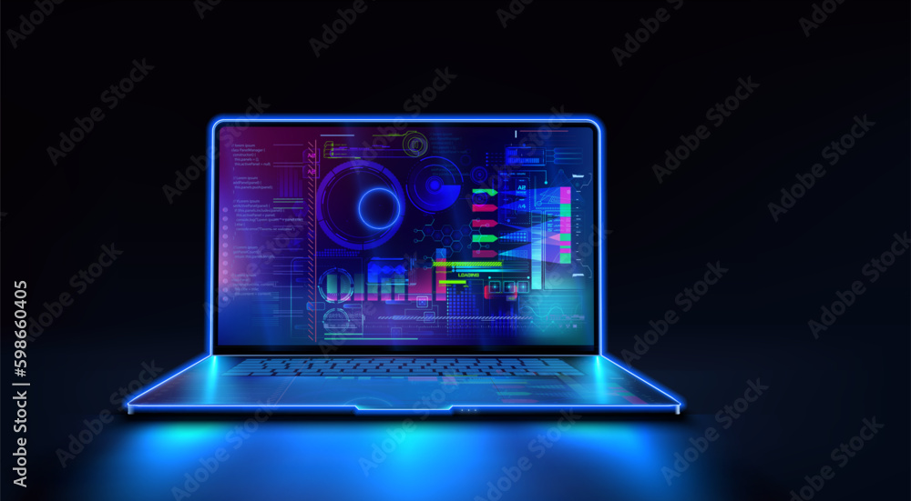 Application of laptop with business graph, analytics data. Analysis trends and software development coding process concept. Programming, coding, concept banner. Computer program code. Blue neon color Application of laptop with business graph, analytics data. Analysis trends and software development coding process concept. Programming, coding, concept banner. Computer program code. Blue neon color