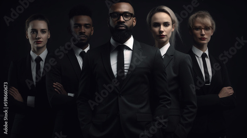 Photograph of the great manager of a large multinational company. Composed of the most qualified men and women in the business world. interracial. jacket suit dresses, dark background. made with ai photo