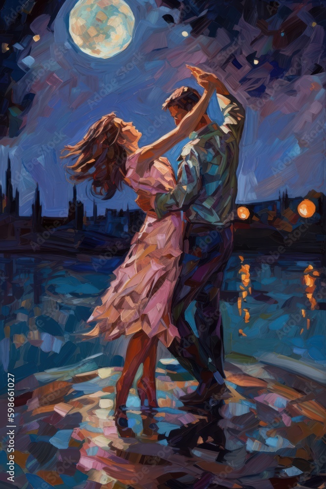 Oil painting of a couple dancing at night. Moonlight dancing on a seaport. Romantic couple riverscapes. Generative AI