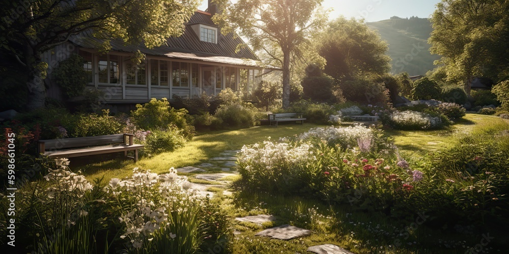 Obraz premium AI Generated. AI Generative. Photo realistic illustration of scandinavian peace calm meditation garden outside city house. Relax vibe. Graphic Art Illustration.