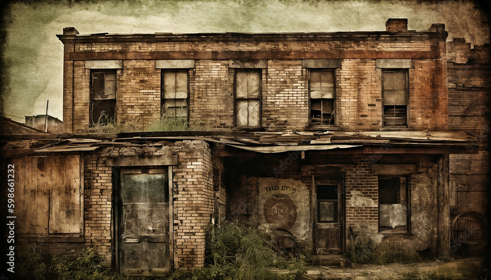 Fototapeta premium an old abandoned building exposed brick texture, gloomy vintage style, generative ai