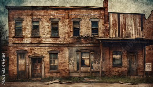 an old abandoned building exposed brick texture, gloomy vintage style, generative ai © 1by1step