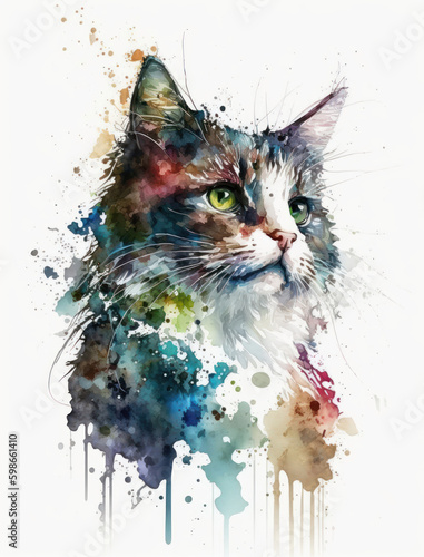 Watercolor Cat Illustration Isolated on White Background. Colorful Digital Animal Ar © CG Design