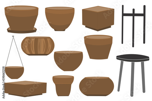 Vector collection of clay pots for house plants. Collection of different textured terracota pots. Stylish flat elements for your desing isolated on white background.