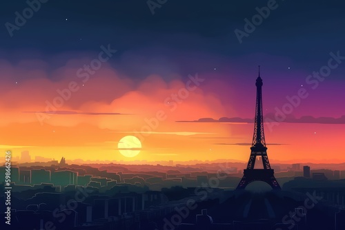 Paper cut 3d illustration of Paris, Eiffel Tower, with dark sunset, generative ai