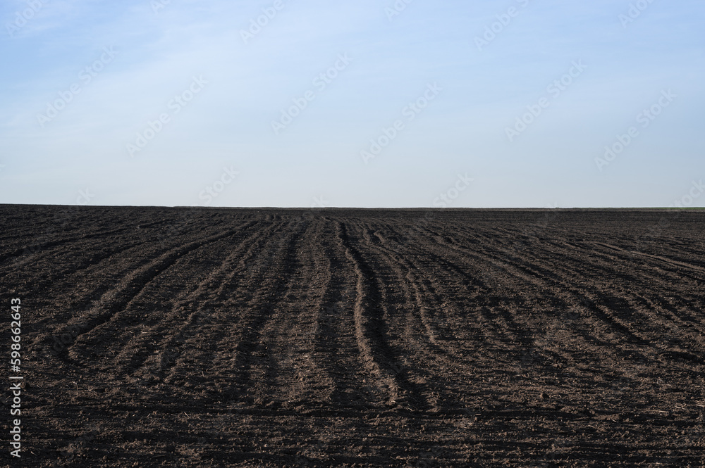 A field of black plowed land and the horizon line