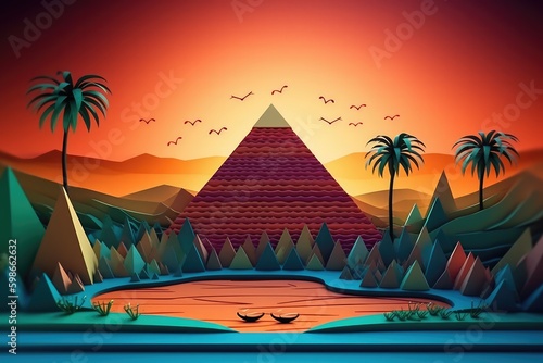 Paper cut 3d illustration of Egypt nature and culture  with dark sunset  generative ai