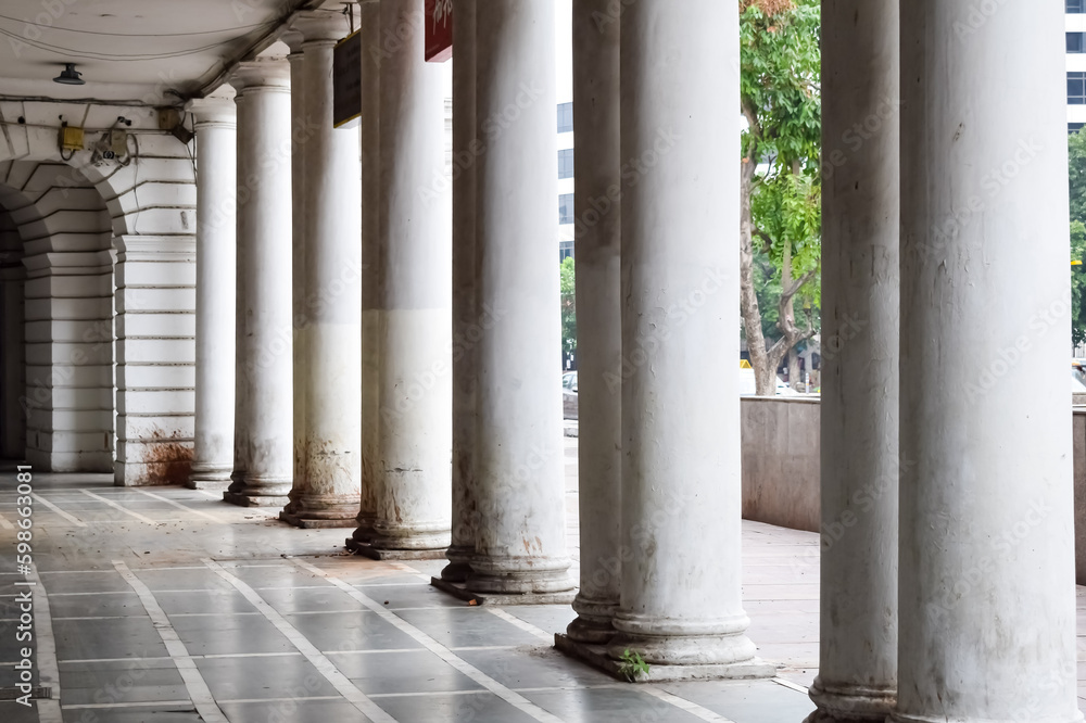 Famous business district Connaught Place know as CP Delhi in the centre of New Delhi India with Offices, Banks and Shopping. British style architecture CP in Delhi, India