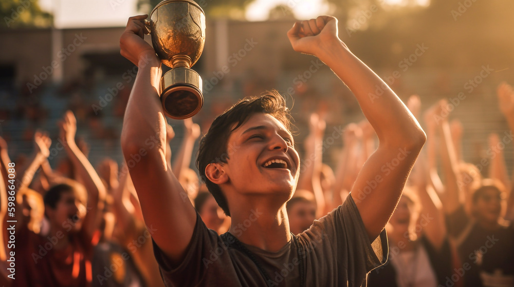Happy and smiling young athlete raises the won trophy to the sky - ai generative