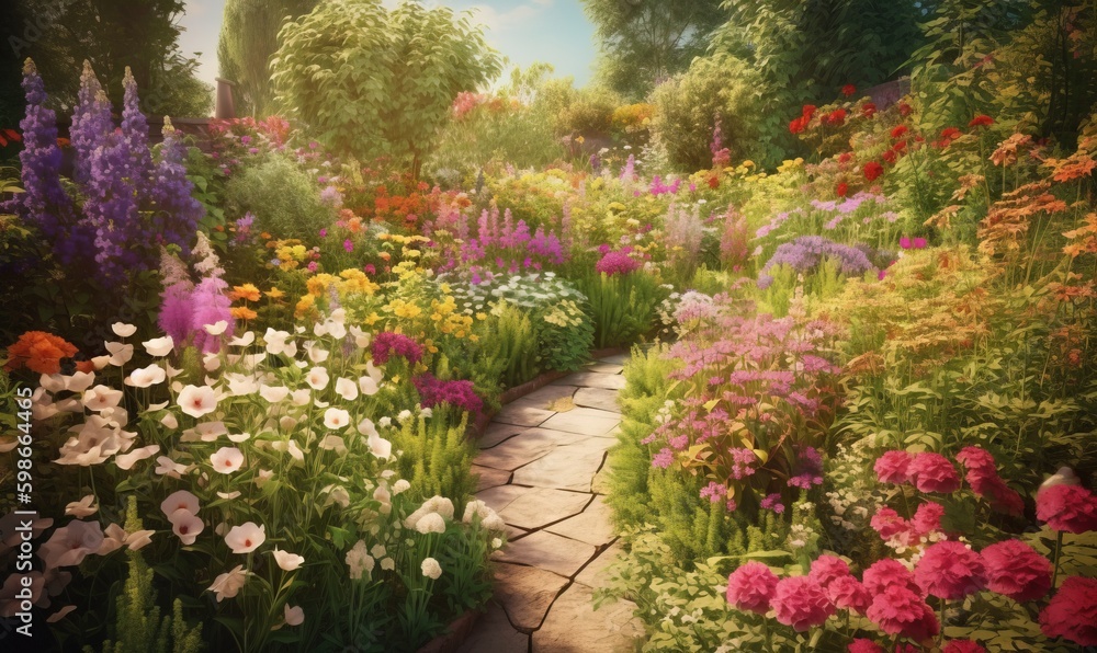 Naklejka premium a painting of a garden with flowers and a stone path. generative ai