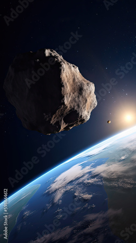 Big and small asteroids near planet Earth. Potentially hazardous asteroids (PHAs). Asteroids in outer space near Earth planet. Meteorit is solar system. photo