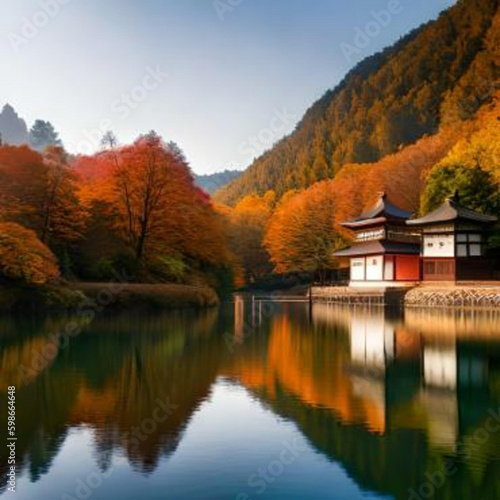 autumn landscape with lake and house