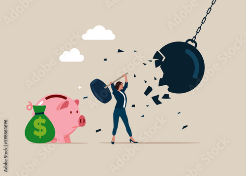 Woman  uses sledgehammer and breaks a giant wrecking ball. Crisis management and Problem solving. Vector illustration.