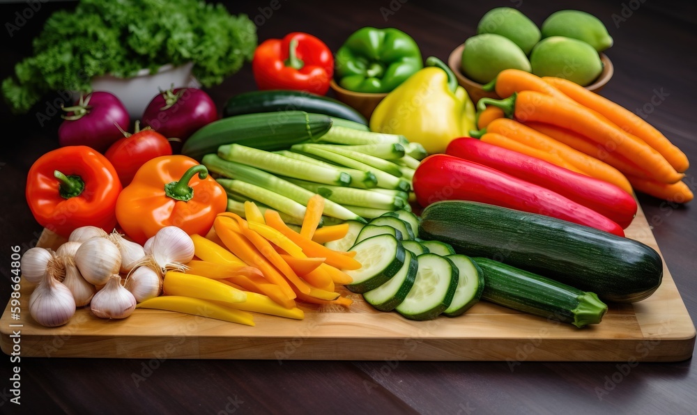  a wooden cutting board topped with lots of veggies.  generative ai