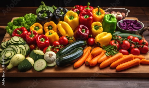  a wooden cutting board topped with lots of different types of vegetables.  generative ai