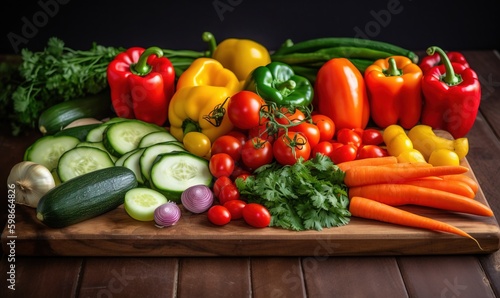  a wooden cutting board topped with lots of different types of vegetables. generative ai