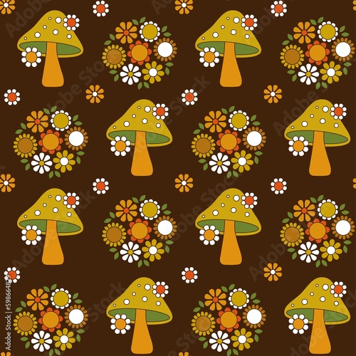 mushroom and floral seamless pattern on brown background