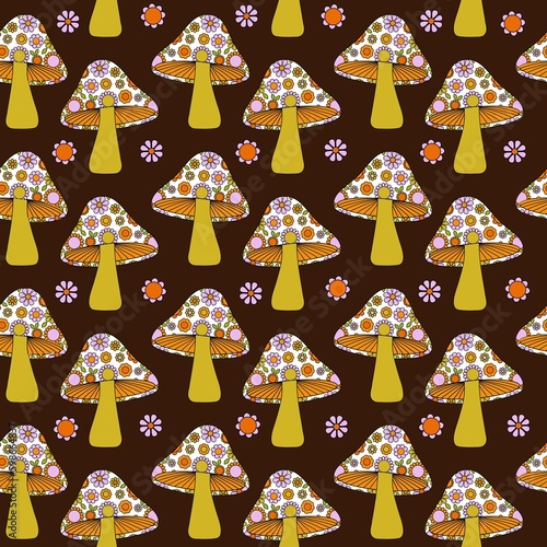 flowered mushroom mod seamless pattern on brown background