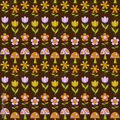mushroom and flower mod seamless pattern on brown background