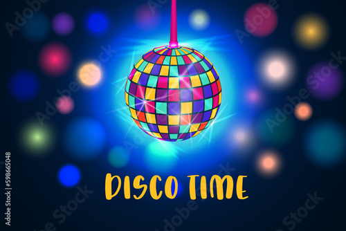 Disco ball with disco lights. Bright colorful vector illustration of hanging discotheque ball with glowing light and bokeh background.