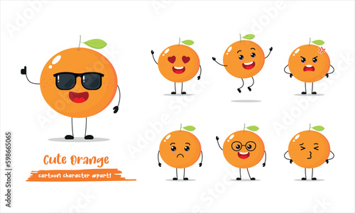 Cute happy orange tangerine wear sunglasses character. Funny fruit emoticon in flat style. Different Face Expression Emoji vector illustration.