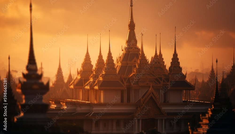 Majestic pagoda at dusk, a spiritual journey generated by AI