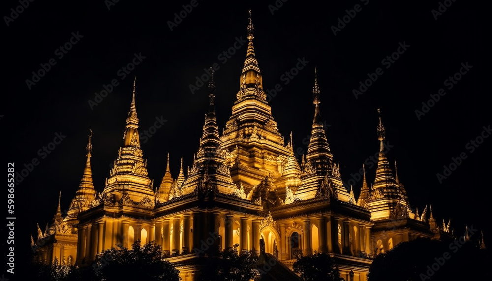 Illuminated pagoda, majestic sculpture, vibrant city skyline generated by AI