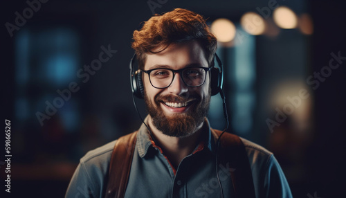 One fashionable man smiling, listening to headphones generated by AI