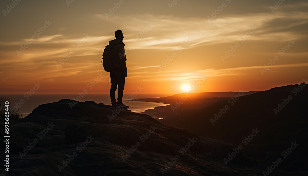 Silhouette of men hiking mountain peak at dawn generated by AI