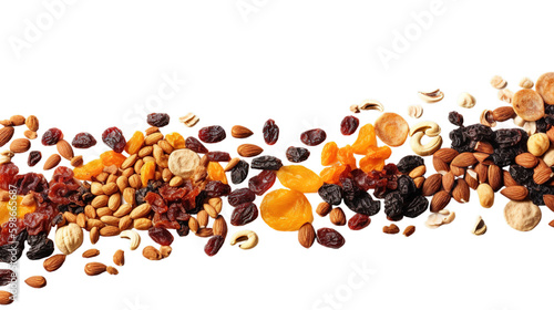 Fényképezés Mix of nuts and dry fruits isolated on transparent background, almonds, walnuts, hazelnuts and raisons on a pile, healthy food
