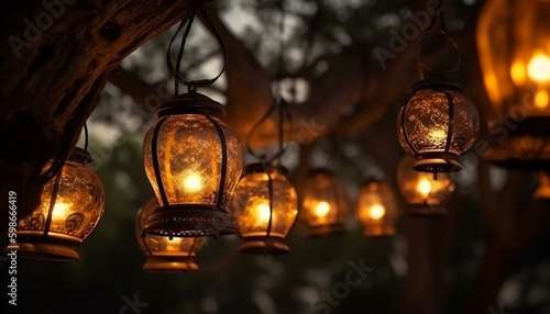 Ancient lanterns hanging in a row, glowing brightly generated by AI