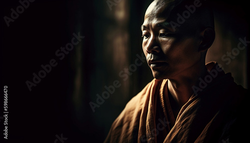 Serene monk meditating, looking at camera, low key generated by AI