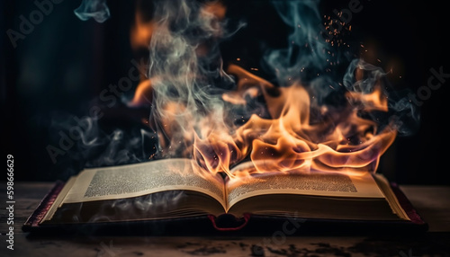 Burning Bible on old table, glowing flame generated by AI