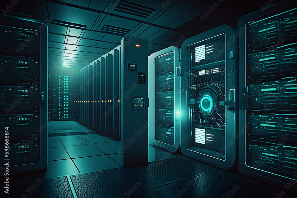 high-tech server room filled with rows of computer hardware and network ...