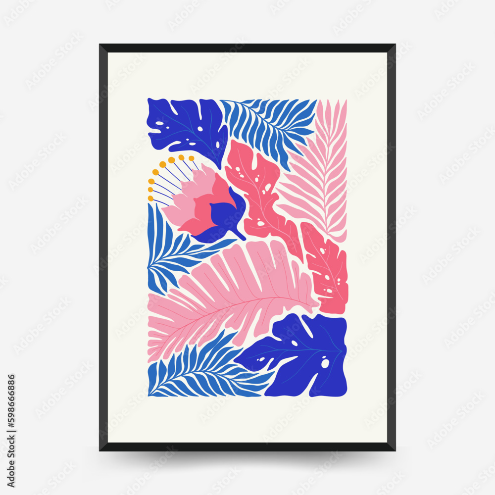 Obraz premium Abstract floral posters template. Modern trendy Matisse minimal style. Tropical jungle. Hand drawn design for wallpaper, wall decor, print, postcard, cover, template, banner. 
