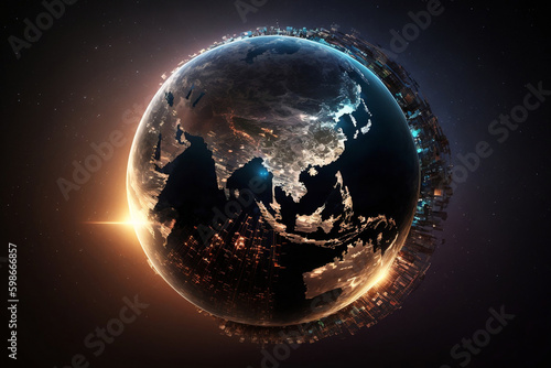 The idea of global interconnectedness is illustrated by a network of communication lines that encircle the Earth as seen from a satellite orbiting the planet. generated by AI.