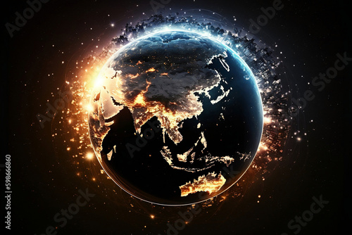The idea of global interconnectedness is illustrated by a network of communication lines that encircle the Earth as seen from a satellite orbiting the planet. generated by AI.