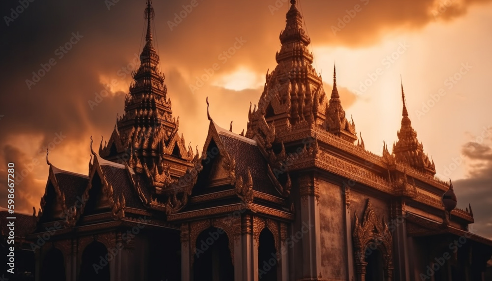 Fototapeta premium Majestic pagoda at dusk, ancient spirituality shines generated by AI
