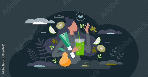 Healthy diet and detox lifestyle with greens smoothie tiny person concept. Slimming therapy and wellness shake intake with fresh fruits and vegetables vector illustration. Antioxidant Generative AI