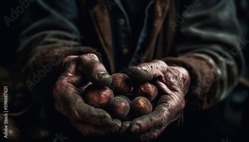 Dirty hands holding ripe organic autumn fruit generated by AI © djvstock