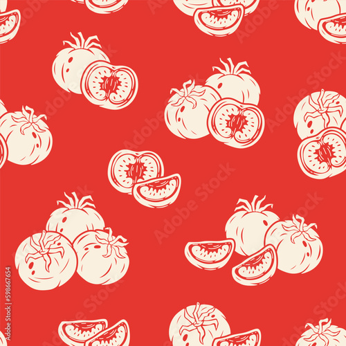 Vector Tomato Seamless pattern. Slice of tomato. Tomatoes. Fresh Vegetables. Food Red Background. Great for food Wrapping Paper, Packaging etc.