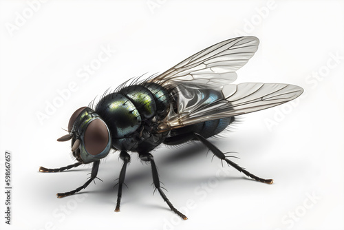 Large green fly on white background, isolate. Generative AI content. Generative AI