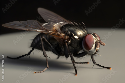 Large fly on gray table, dark background, macro. Generative AI content. Generative AI