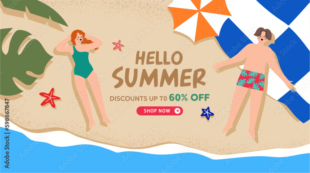 special offer hello summer sale  banner woman and man on the beach