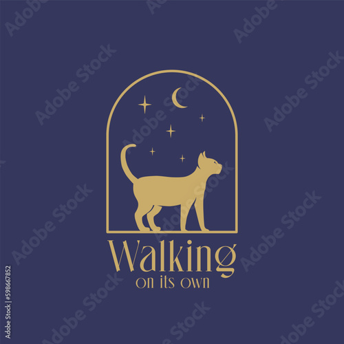 Walking cat abstract vector logo template. Cat silhouette on the night arch window with moon and stars in the sky background Isolated