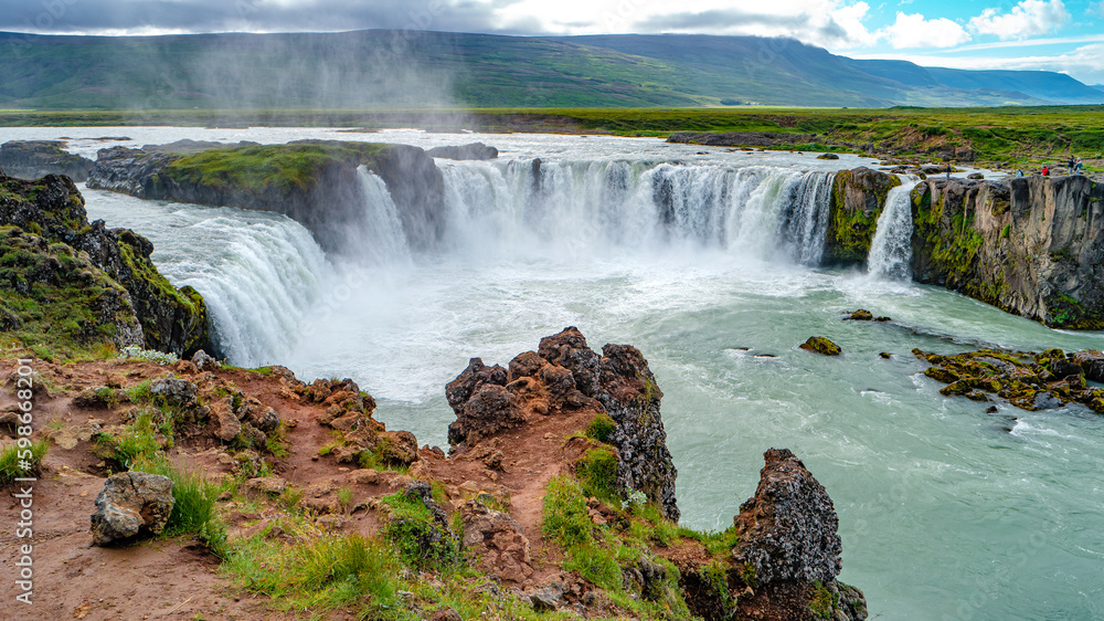 Wonderful and high Icelandic Godafoss waterfall at summer, Iceland